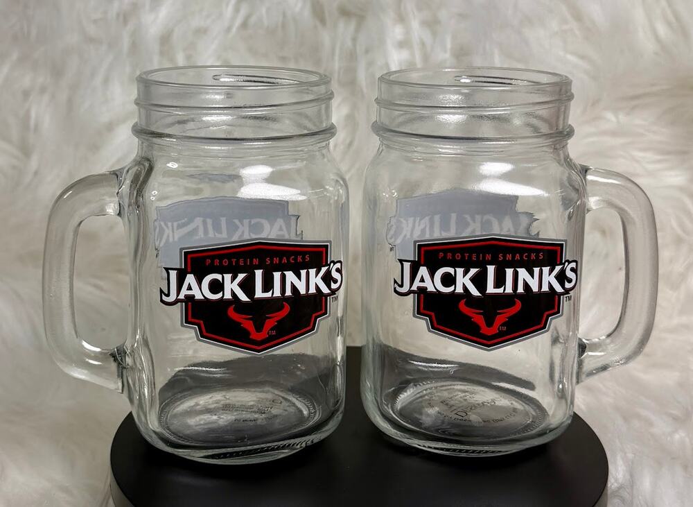 Set of 2 Jack Link's Beef Snacks Promotional Advertising Glass Beer Mason Mugs